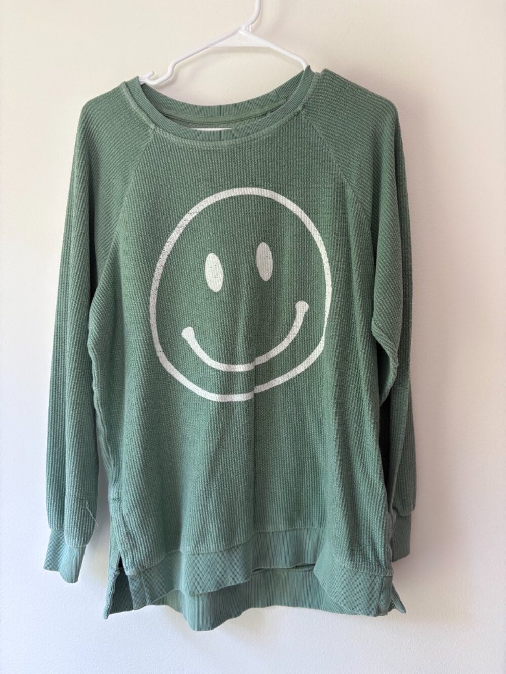 Altar'd State Sage Green Smiley Face Waffle Knit Long Sleeve Top Size XS